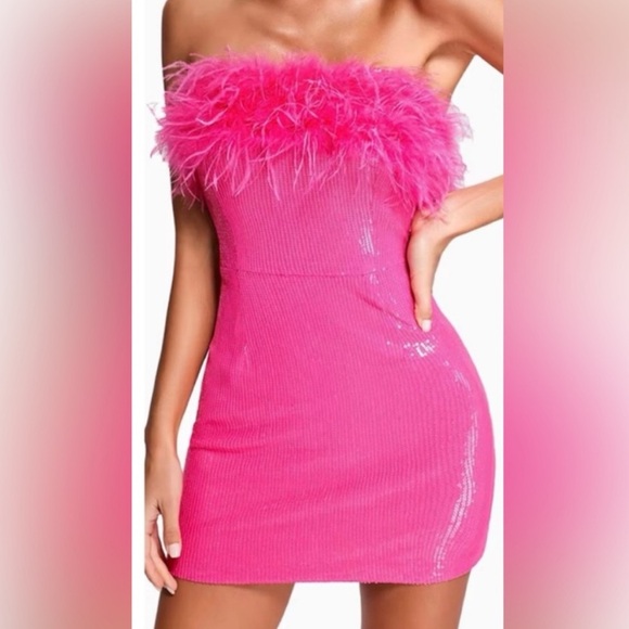 Pink Feathered Mini Dress - Picture 1 of 3